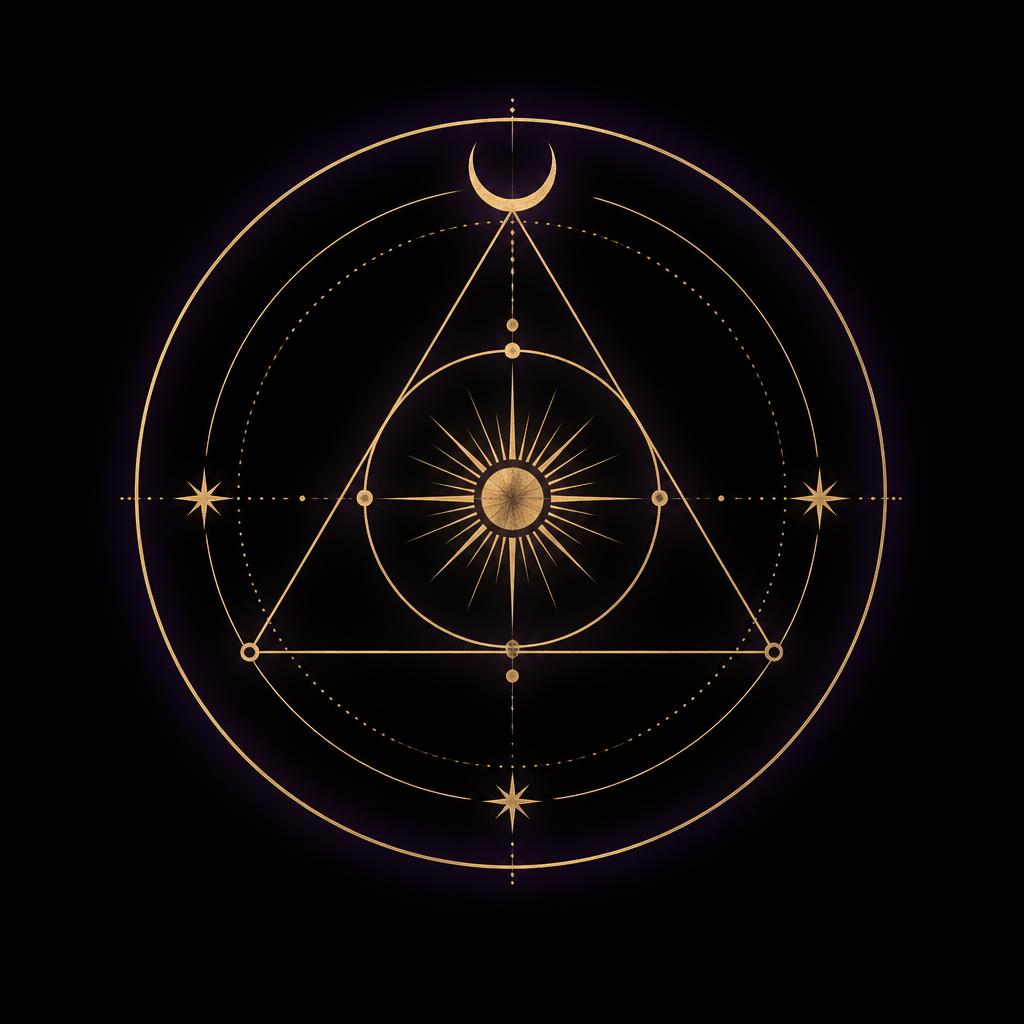 Sigilo alquímico dorado con un sol, una luna y geometría sagrada